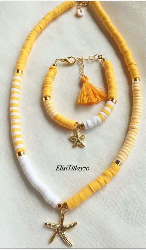 Necklaces Ideas Clay Beads, Heishi Jewelry Necklace, Fimo Bracelet Ideas, Summer Clay Bead Necklace, Heishi Jewelry Ideas, Heishi Bead Ideas, Heishi Necklace Ideas, Heishi Bracelet Ideas Summer, Bracelet Heishi Diy