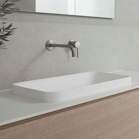 Simple installation Durable and easy to maintain Gloss or Matte white finish Dimensions 500mm x 250mm x 100mm 45mm above benchtop Matching 32mm waste available separately Description This lovely basin has a rectangular semi-inset design. This basin is designed to a durable and stylish eye catcher in just about any bath Semi Inset Basin Bathroom, Semi Inset Basin, Tile Cloud, 80s Bathroom, Ensuite Vanity, Light Wooden Floor, Basin White, Architectural Designer, Latest Bathroom