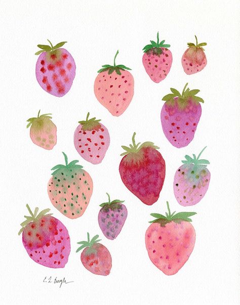 Strawberries Painting, Strawberries Watercolor, Watercolor Strawberries, Strawberry Watercolor, Pink Strawberries, Strawberry Kitchen, Textured Watercolor, Fruit Painting, Botanical Watercolor