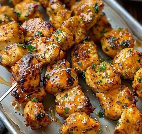 Butter Chicken Skewers, Cowboy Butter, Honey Garlic Chicken Thighs, Heavenly Recipes, Wooden Skewers, Chicken Skewer Recipe, Lemon Butter Chicken, Oven Baked Chicken Breasts, Grilled Chicken Thighs