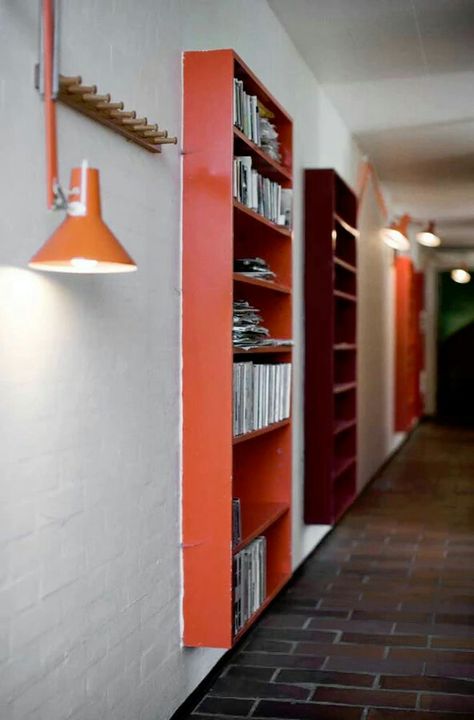 Orange Lamp, Shelf Inspiration, Floating Bookshelves, Narrow Shelves, Long Hallway, Built In Furniture, Interior Accents, Home Center, Book Shelves