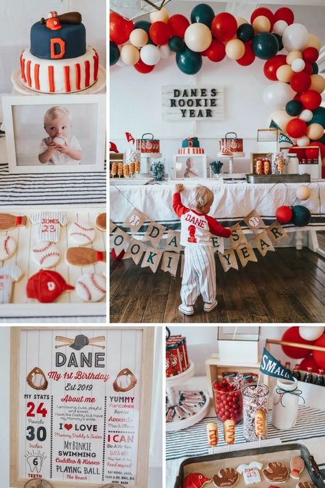 Sports Themed 1st Birthday Party, Rookie Of The Year First Birthday Goodie Bags, 1 St Birthday Baseball Theme, Modern First Birthday Boy, One Party Themes, 1yr Birthday Party Ideas Boy, Home One Birthday Party Ideas, Boy’s First Birthday Themes, Rookie Year Birthday Theme