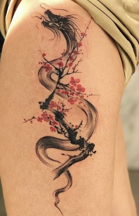 Feminine Dragon Tattoo For Women, Tattoo Cherry, Japanese Snake, Japanese Snake Tattoo, Dragon Tattoo Sketch, 16 Tattoo, Dragon Tattoo For Women, Blossom Tattoo, Cherry Blossom Tattoo