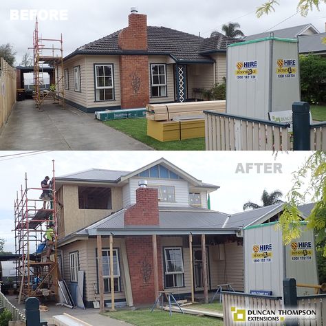 Although this second storey extension is still in construction, it helps show the huge difference a second level extension can make to any home. Using a professional company like DT's can also help the process go quickly and efficiently with minimal disruption to the family living space. Upstairs Extension Ideas, Second Story Extension Australia, Second Storey Extension, Adding Second Story, Upstairs Extension, Double Storey Extension, Upstairs Addition, Bungalow Extensions, Double Story House