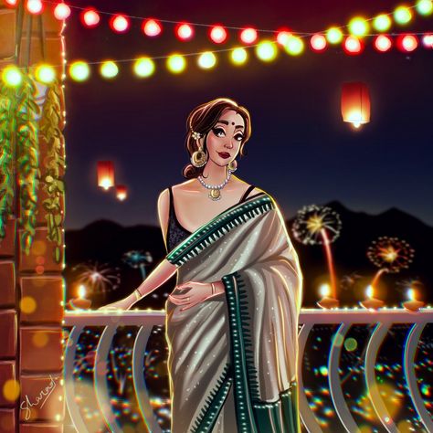 Diwali Girl Drawing, Diwali Illustration Art Aesthetic, Diwali Digital Art, Diwali Cartoon Images, Diwali Illustration Art, Diwali Cartoon, Diwali Illustration, Bridal Illustration, Diwali Fashion