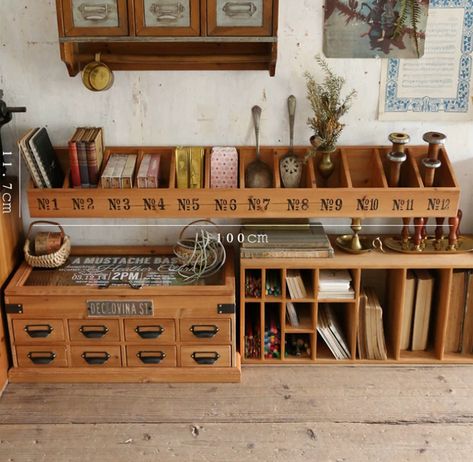 Cottagecore Art Room, Antique Art Studio, Desk Clutter Aesthetic, Vintage Desk Organization, Vintage Desk Organizer, Vintage Craft Room Ideas, Cottagecore Home Office, Sewing Room Aesthetic, Apothecary Office