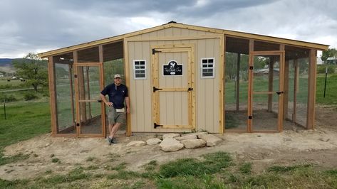 Click the link for a tour inside and out and blog link for our FREE PLAN for this coop we designed! My husband designed and built this coop.  It has 1 main enclosed chicken coop and 2 wire enclosed areas on the north + south sides.  Check out my YouTube channel. Easy Chicken Coop Plans, Coop Plans Free, Chicken Coop Plans Free, Backyard Coop, Easy Chicken Coop, Duck Coop, Chicken Barn, Tin Shed, Backyard Chicken Coop Plans