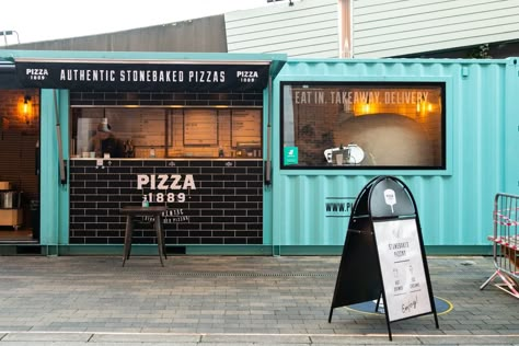 Container Van Restaurant Ideas, Shipping Container Food Trailer, Container Ideas Restaurant, Shipping Container Ice Cream Shop, Street Food Container Design, Container Food Court, Pizza Kiosk, Shipping Container Pizza Shop, Shipping Container Food Stand