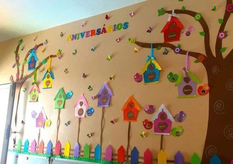 Roof Hanging Decoration For School, Spring Season Crafts, Play Wall, Birthday Board Classroom, Hearts Paper Crafts, Walls Decor, School Board Decoration, Diy Preschool, Preschool Classroom Decor