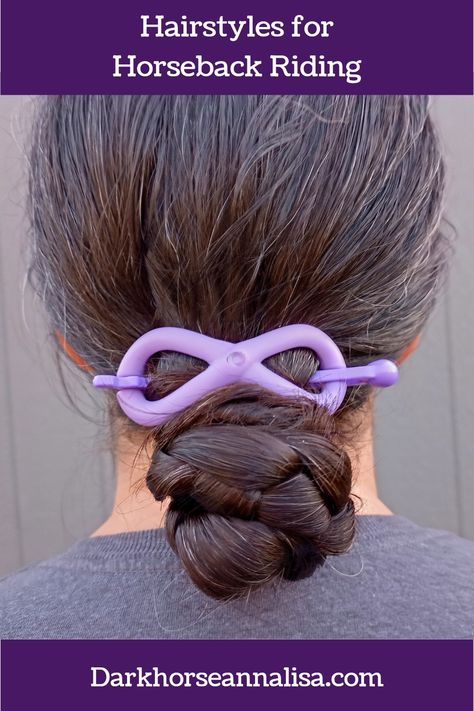 Woman with brown hair in a braided bun in a purple hair clip Hairstyles For Horseback Riding, Helmet Hairstyles, Pigtail Buns, Basic Hairstyles, 2 Braids, Braiding Your Own Hair, Breaking Hair, Messy Buns, Strand Braid