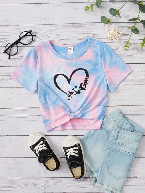 Multicolor Casual Collar Short Sleeve Knitted Fabric Heart,Tie Dye  Embellished Slight Stretch  Young Girls Clothing Heart Tie Dye, Tie Dye Heart, Shein Kids, Heart Butterfly, Fabric Heart, Girls Tie, Men's Beauty, Butterfly Print, Girls Clothing