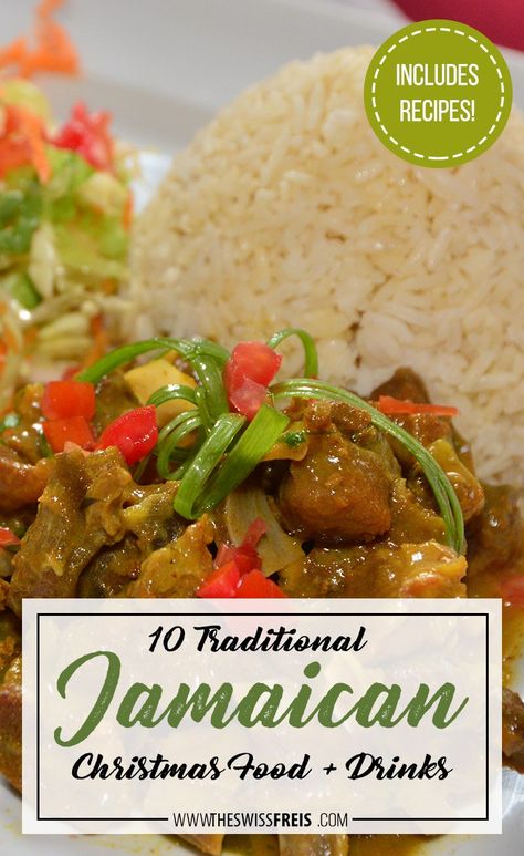 Try these 10 Traditional Christmas Jamaican Food   Drinks! It even includes recipes! via www.theswissfreis.com Jamaica Christmas Dinner, Carribean Christmas Food, Jamaican Christmas Dinner Menu Ideas, Caribbean Christmas Dinner, Caribbean Christmas Food, Jamaican Christmas Dinner, Callaloo Soup Recipe, Jamaican Christmas, Dinner Recipes Ideas