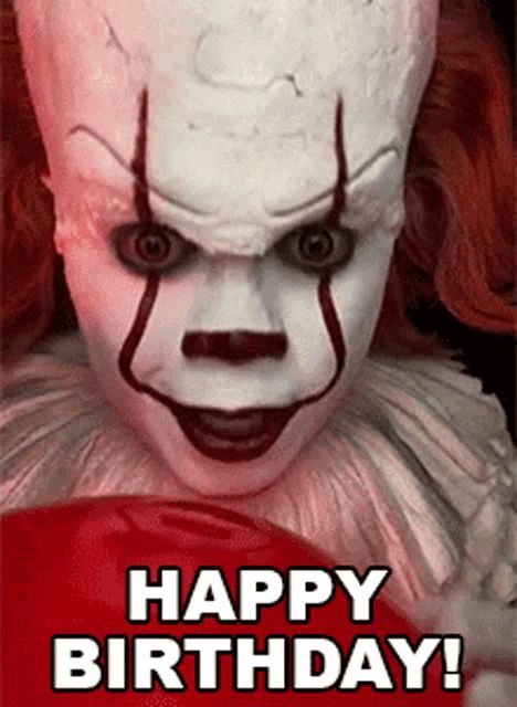 Happy Birthday Twisted Pennywise GIF - Happy Birthday Twisted Pennywise Cameo - Discover & Share GIFs Happy Birthday Card Messages, Happy Birthday Brother Funny, Funny Happy Birthday Gif, Happy Birthday Halloween, Birthday Brother Funny, Birthday Animated, Funny Happy Birthday Images, Birthday Wishes Gif, Birthday Card Messages