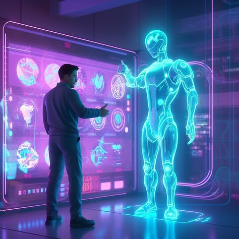 An animated, friendly AI character assisting a human in a futuristic UI/UX design process, with holographic screens displaying different interface elements, neon color palette, and 2D stylized graphics. Futuristic Lab, Neon Color Palette, Augmented Reality Art, Reality Art, Neon Colour Palette, Cyberpunk Games, Ux Design Process, Training For Beginners, Holographic Film