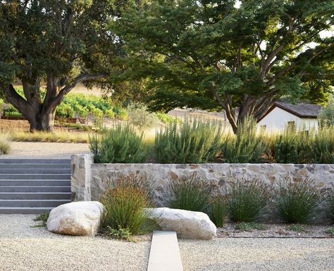 Carmel Valley House II - Justin Pauly Architects Natural Rock Retaining Wall Ideas, Rock Retaining Wall Ideas, Stone Retaining Wall Ideas, Bocce Court Backyard, Cabin Landscaping, Cabin Build, Valley House, Outdoors Ideas, Stone Driveway