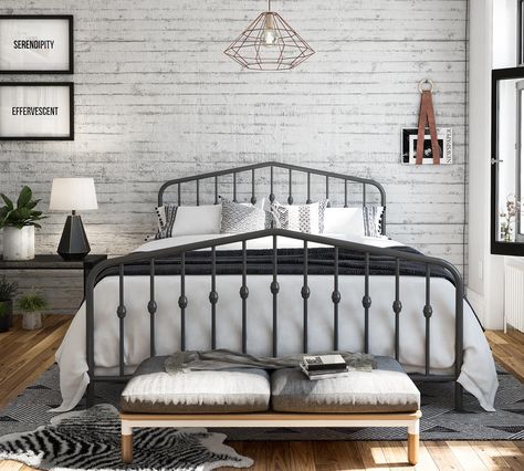 Get inspired to introduce fresh ideas into your bedroom to create a look that is both cozy and elegant. The Novogratz Bushwick Metal Bed has a simple design that will perfectly complement rooms of any style and d%c3 %a9cor. With round finials featured on the headboard and footboard posts its style and color can be easily combined with bold colors and accessories to brighten up the room. Complete with metal slats side rails and center legs this bed's sturdy construction provides full support and King Size Metal Bed Frame, Bed Idea, Black Metal Bed, Industrial Modern Design, Best Platform Beds, King Size Bed Frame, Iron Bed, Metal Bed, Metal Bed Frame