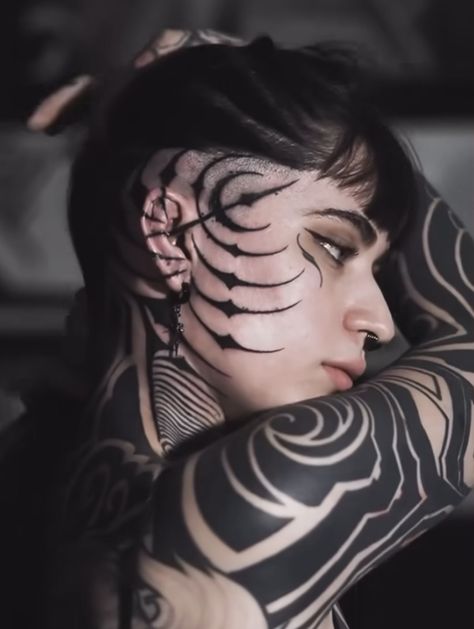 Side Profile Face Tattoo, Blackwork Face Tattoo, Ornamental Face Tattoo, Black Neck Tattoo, Chin Tattoo Woman, Jawline Tattoo, Sideburn Tattoo, Cheek Tattoo, Face Tats