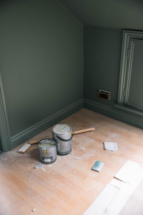 Skirting Same Colour As Walls, Green Skirting Boards, Colour Drenching Interiors, Skirting Board Ideas, Painted Skirting, Valspar Green, Factory Conversion, Movie Rooms, Painted Hallway