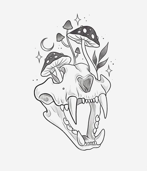 Cat Skull Mushroom Tattoo, Simple Animal Skull Drawing, Reindeer Skull Tattoo, Mushroom Moon Drawing, Cottage Core Flash Tattoo, Small Pretty Tattoos Simple, Tattoo Ideas Female Mushroom, Halloween Mushroom Tattoo, Witch Vibe Tattoo