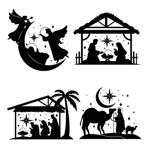 Nativity Stencil Silhouettes, Nativity Stencils Free Printable, Nativity Silhouette Free Printable, Nativity Scene Silhouette Printable Free, Christmas Vector Art, Nativity Scene Silhouette, Geseënde Kersfees, Christmas Stage Design, Nativity Svg