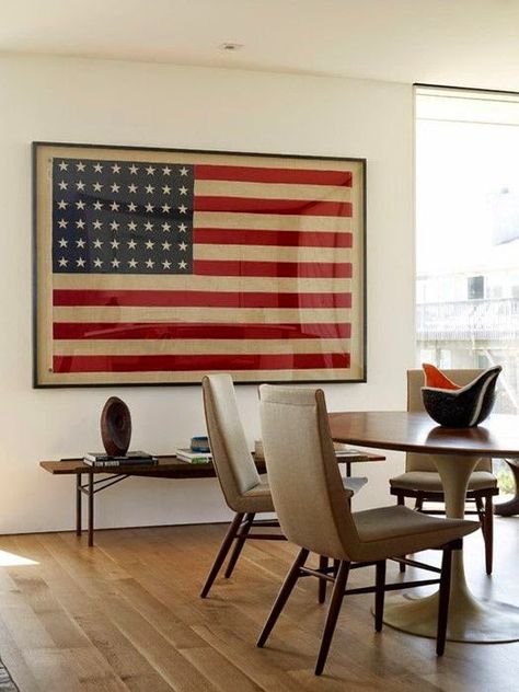 New uses for old things :: The American flag is the consummate home accessory — The Entertaining House Framed American Flag, American Flag Art, Entertaining House, Coastal Dining, American Flag Decor, Flag Hanging, Flag Display, Framed Flag, Contemporary Dining Room