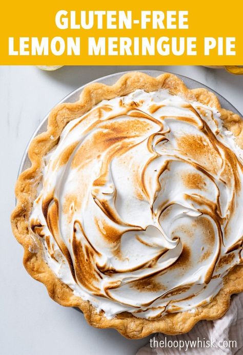 Easy Gluten Free Lemon Meringue Pie - This is the best (and the easiest) gluten free lemon meringue pie you’ll ever make. With a perfectly flaky pie crust, a creamy and just-tart-enough lemon filling (that slices beautifully with no runniness) and a small mountain of fluffy toasted Swiss meringue topping, it’ll be a hit with absolutely everyone, even non-gluten-free folks. Gluten free pie recipes. Gluten free recipes. Gluten free desserts. Thanksgiving dessert recipes. Thanksgiving recipes. Gluten Free Lemon Meringue Pie Recipe, Gluten Free Pie Recipes, Gluten Free Lemon Meringue Pie, Gluten Free Lemon Desserts, Gluten Free Lemon Meringue, Gluten Free Desserts Cookies, Gluten Free Pies Recipes, Lemon Meringue Pie Easy, Gluten Free Cake Recipe