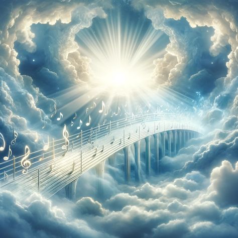 A serene and uplifting scene depicting a bridge made of musical notes and staves, stretching from the earth to the heavens, surrounded by soft, ethereal clouds. Rays of divine light break through the clouds, illuminating the bridge, symbolizing the connection between human hearts and the divine through music. The atmosphere is filled with a sense of joy, love, and spiritual awakening,... Heavenly Backgrounds, Ethereal Clouds, Cloud Pictures, Human Hearts, God Of Music, Heaven Pictures, Heaven Music, Angel Music, Jesus Music