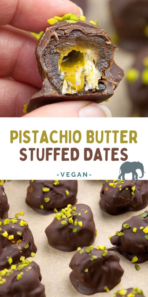 These dates stuffed with pistachio butter, covered in chocolate, and sprinkled with chopped pistachios are a real treat! They taste just like fancy pralines! | ElephantasticVegan.com #dates #pistachio Dates And Pistachios, Pistachio Bars Healthy Snacks, Pistachio Stuffed Dates, Pistachio Butter Recipe Ideas, Savory Pistachio Recipes, Pistachio Cake Pops, What To Do With Pistachio Shells, Savory Date Recipes, Recipes With Pistachio Butter