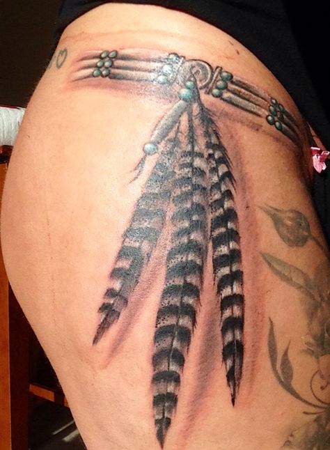 Native American feather tattoo Back Tattoo Women Native American, Indian Feather Tattoos Native Americans, Native Bracelet Tattoo, Native American Armband Tattoo, Native American Band Tattoo, Native Tattoo Ideas, Native American Indian Tattoo, Small Native American Tattoos, Native American Art Tattoo