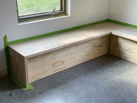 The Loft | Faux Fluted Butcher-Block Banquette - I SPY DIY Butcher Block Bench Seat, Cafe Banquette, Butcher Block Bench, Diy Built In Bench, Ikea Hack Banquette Seating, Banquette Diy, Built In Dining Bench, Diy Banquette Seating, Built In Banquette Seating