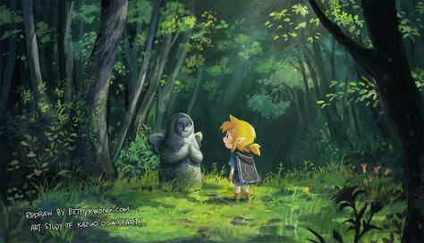 Ghibli Background Art, Kazuo Oga, Ghibli Background, Secret Of Mana, Interesting Drawings, Zelda Twilight Princess, Zelda Breath Of The Wild, Art Study, Goddess Statue