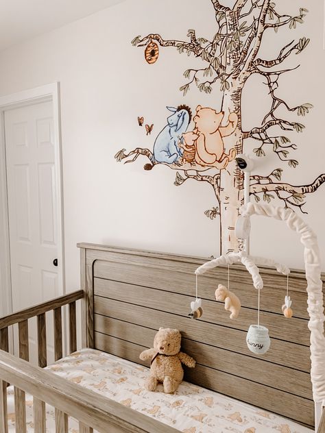 Simple Disney Nursery Ideas, Soft Winnie The Pooh Nursery, Old Fashioned Winnie The Pooh Nursery, Old Time Winnie The Pooh Nursery, Old Style Winnie The Pooh Nursery, Winnie The Pooh Nursery Twins, Winnie The Pooh Nursery Aesthetic, Pooh Bear Mural, Nursery Decor Winnie The Pooh