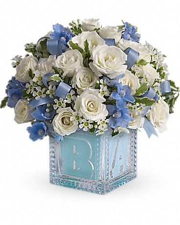 Blue Flower Arrangements, New Baby Flowers, White Flower Arrangements, White And Pink Roses, Florist Shop, Baby Shower Flowers, Balloon Flowers, Same Day Flower Delivery, Seasonal Flowers