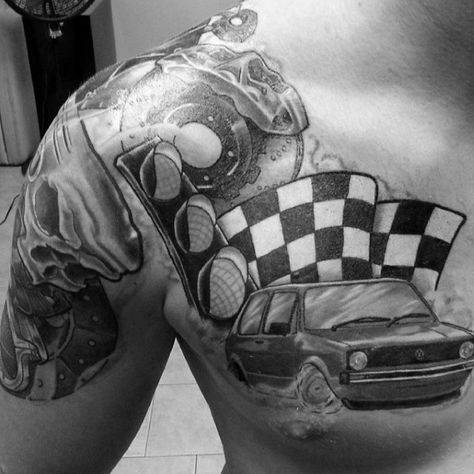 40 Checkered Flag Tattoo Ideas For Men - Racing Designs Motorsport Tattoo Ideas, Car Chest Tattoo, Racer Tattoo, Racing Tattoo Ideas, Racing Tattoos For Men, Race Car Tattoo, Stop Watch Tattoo, Car Tattoo Ideas, Auto Tattoo