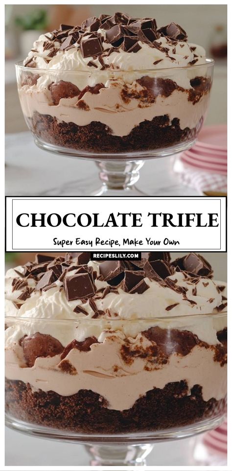 This Chocolate Trifle is the perfect dessert for any occasion! Layers of rich chocolate cake, creamy filling, and whipped cream come together in a stunning display. It’s super easy to make, and you can customize it to your taste. Trust me, it's a crowd-pleaser you won’t want to miss! Easy Chocolate Trifle Recipe, Chocolate Trifle With Kahlua, Chocolate Hershey Cake, Reeses Trifle Dessert, Devils Food Cake Trifle, Trifle With Chocolate Cake, Chocolate Triffle Desserts Simple, Brownie Truffle Bowl Trifle Desserts, Chocolate Trifle Desserts Easy