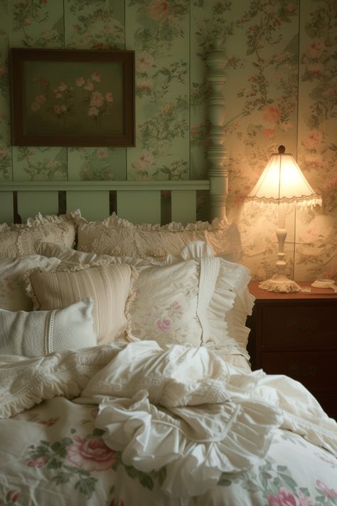 57+ Sage Green Bedroom Ideas That Feel Serene Coquette Room Green, Vintage Green Bedroom, Pink And Green Bedroom Ideas, Sage Green Bedrooms, Sage Green And Pink Bedroom, Cottage Core Bedding, Pink And Green Bedroom, Redecorate Room, Bed Background