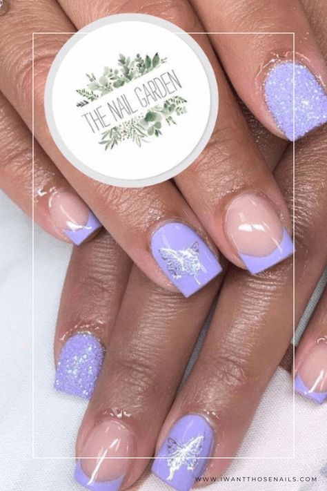 Lavender French Tip Nails with butterflies Lavender French Tip Nails, Lavender French Tip, Lavender Nail Designs, Tip Nails Designs, Nail Deaigns, Tip Nail Ideas, French Tip Nail Ideas, Lilac Nails Design, New French Manicure