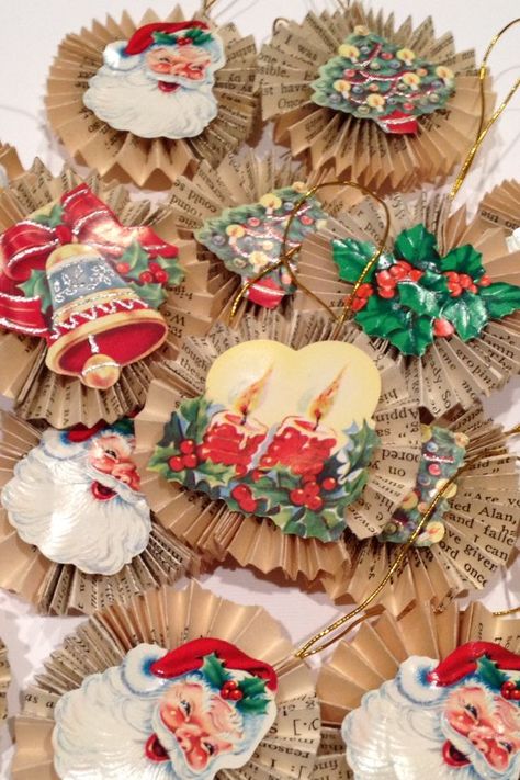 Made some little ornaments from old book pages and vintage Christmas seals. Bringing a little vintage to the tree. Vintage Book Ornaments, Vintage Paper Christmas Decorations, Paper Rosettes Christmas, Vintage Card Crafts, Vintage Santa Ornaments, Vintage Paper Ornaments, Vintage Christmas Card Crafts, Diy Retro Christmas Ornaments, Retro Christmas Crafts