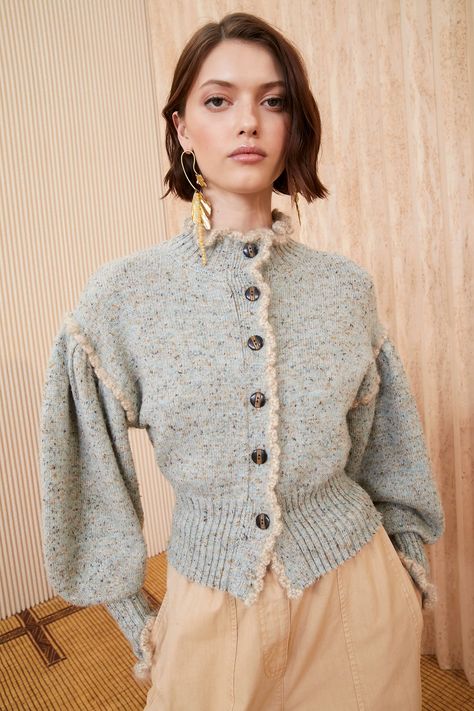 Crochet Knit Cardigan, Ulla Johnson Knitwear, Feminine Romantic Fashion, Light Blue Knit, Knitwear Inspiration, Mohair Yarn, Crochet Fashion Patterns, Crochet Clothes Patterns, Vintage Inspired Dresses