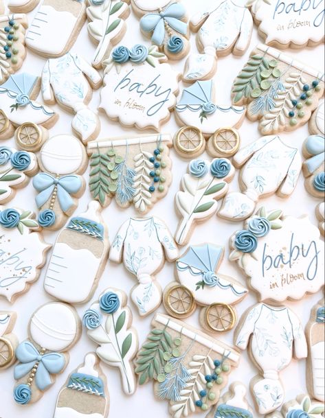 Blue Baby Shower Cookies, Boy Baby Shower Cookies, Cookies Drawing, Flower Baby Shower Theme, Royal Cookies, Baby Boy Sprinkle, Baby Boy Shower Party, Fav Products, White Baby Showers