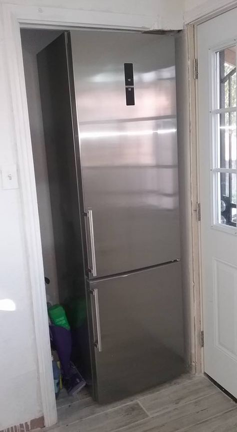 After- kitchen tall skinny fridge- I got to fit in tiny space- I LOVE this fridge- it seems to have more space than my french door fridge! Tall Refrigerator, Utility Pantry, French Door Fridge, Tall Fridge, Door Fridge, Fridge French Door, Fridge Door, Tiny Cottage, Tiny Space