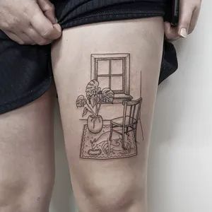 Room Tattoo Design, Window Scene Tattoo, Armchair Tattoo, Open Window Tattoo, Apartment Tattoo, Window Tattoo Simple, Interior Design Tattoo, Couch Tattoo, Stained Glass Window Tattoo