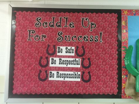 PBIS bulletin board. Western theme. Western Bulletin Board Ideas Cowboy Theme Classroom Door, Wild West Bulletin Board Ideas, Western Bulletin Board Ideas, Western Classroom Theme, Western Bulletin Boards, Testing Bulletin Boards, Cowboy Classroom, Western Classroom, Farm Classroom