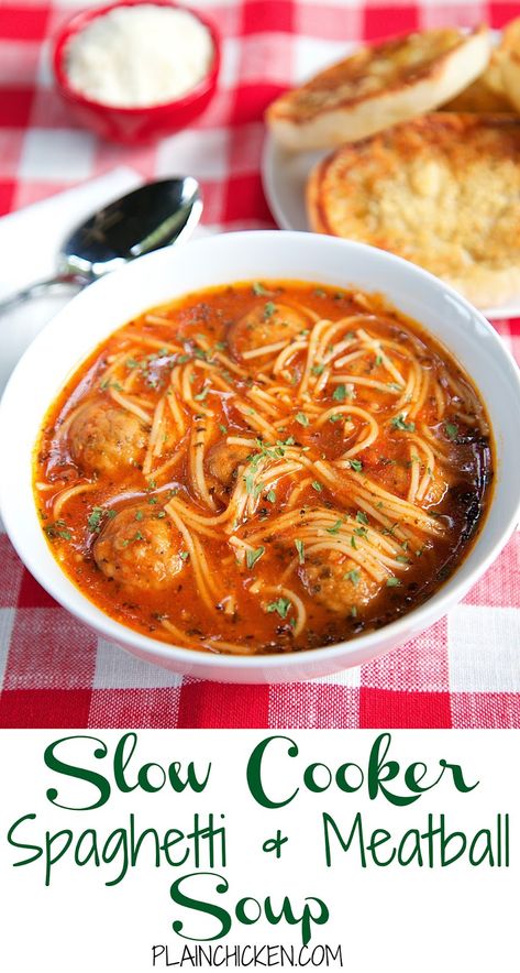 {Slow Cooker} Spaghetti and Meatball Soup | Plain Chicken® Spaghetti And Meatball Soup, Spaghetti Soup, Barbie Foods, Nutritious Soup, Spaghetti Night, Slow Cooker Pasta Recipes, Meatball Soup Recipes, Slow Cooker Spaghetti, Easy Spaghetti