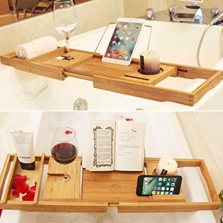 Amazon.com: BAMBUROBA Bathtub Caddy Tray Bamboo Bathroom Organizer with Expandable Sides Holder for Book Glass Towel: Home & Kitchen Bathtub Caddy Tray, Wood Bath Tray, Foldable Bathtub, Wooden Bathtub, Tub Tray, Luxury Bathtub, Bathtub Caddy, Best Bathtubs, Bath Table