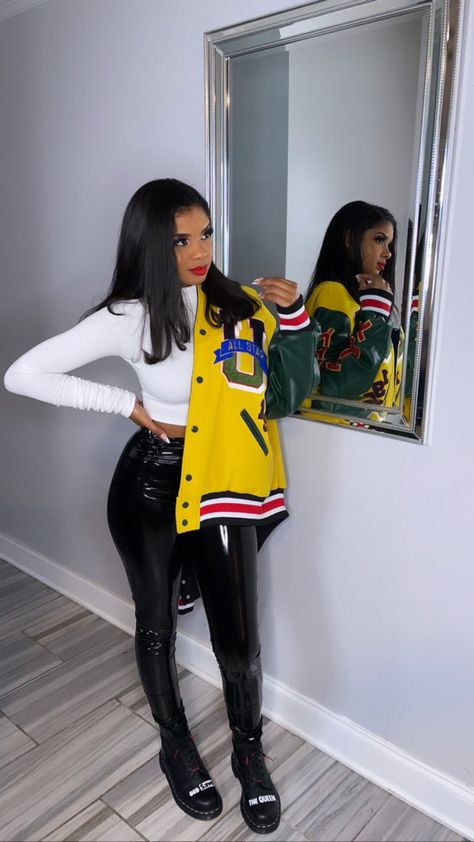 Detroit Outfit Woman, Letterman Jacket Outfit Black Women, Letterman Jacket Outfit, Hbcu Homecoming, Slay Fits, Curly Hair Wigs, Varsity Jacket Outfit, Homecoming Outfit, Human Hair Lace Front Wigs