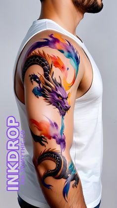 Japanese Tattoo Color Design, Watercolour Dragon Tattoo, Colored Dragon Tattoo, Dragon Tattoo Color, Color Dragon Tattoo, Colorful Tattoos For Men, 3d Dragon Tattoo, Watercolor Dragon Tattoo, Tattoo Dragonfly