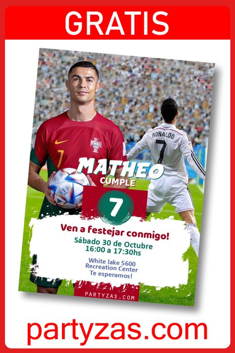 Visita Partyzas.com y realiza esta Invitación Cristiano Ronaldo GRATIS para Editar. Edita esta Tarjeta Invitación de Cristiano Ronaldo para imprimir o enviar por Whatsapp. Cristiano Ronaldo Party Ideas, Cristiano Ronaldo Birthday, Christian Ronaldo, Ronaldo Birthday, Soccer Party Invitations, Football Theme Birthday, Soccer Birthday Invitation, Football Birthday Invitations, Football Invitations