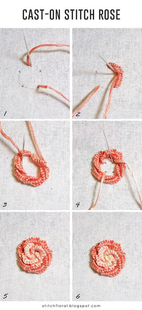 cast-on stitch rose tutorial Brazilian Embroidery Stitches, Casting On Stitches, Rose Tutorial, Hand Embroidery Tutorial, Hardanger Embroidery, Embroidery Stitches Tutorial, Learn Embroidery, Pola Sulam, Brazilian Embroidery