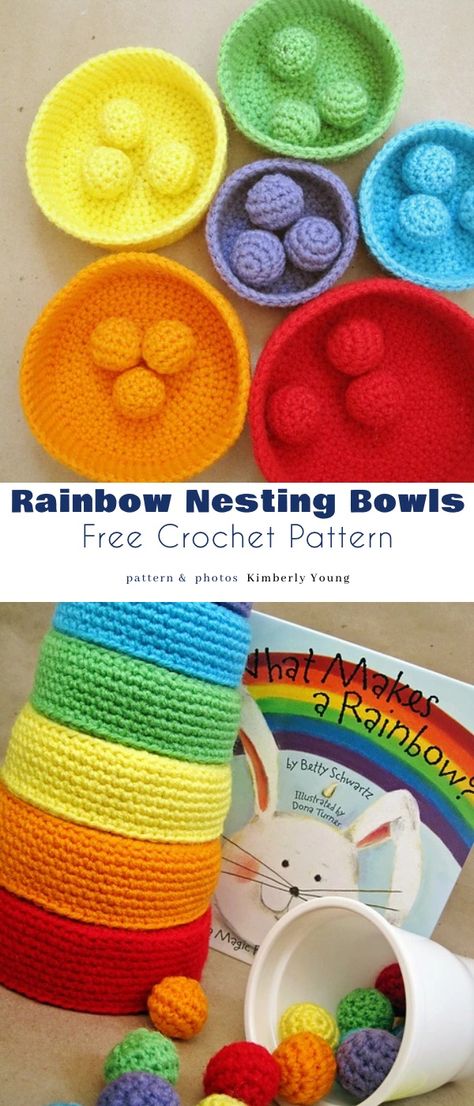 Crochet Nesting Bowls Free Pattern, Rainbow Basket, Crochet Jar Covers, Crochet Basket Pattern Free, Crochet Bowl, Nesting Baskets, Crochet Rainbow, Pattern Rainbow, Crochet Baskets